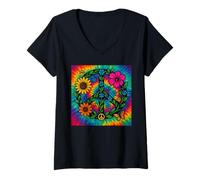 Donna Groovy Peace Sign Flower Gardener, tinta per cravatta floreale hippie Maglietta con Collo a V