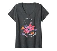 Donna Groovy - Stetoscopio con fiori per la settimana dell'infermiera RN Maglietta con Collo a V