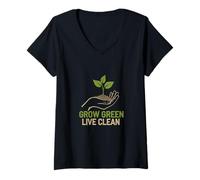 Donna Grow Green Live Clean Nature Amante Giornata della Terra Maglietta con Collo a V