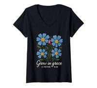 Donna Grow In Grace Boho Floral 2 Pietro 3:18 Verso cristiano Maglietta con Collo a V