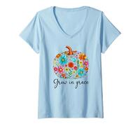 Donna Grow in Grace Christian Pumpkin Floral Fall Bible Verse God Maglietta con Collo a V