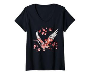 Donna Gru T con Corona Rossa Origami Giapponese per Gli Maglietta con Collo a V