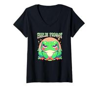 Donna Grumpy Face Angry Frog Feelin Froggy Anime Style Ragazze Maglietta con Collo a V