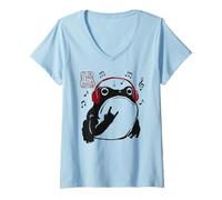Donna Grumpy Frog Divertente Rock Music Anime Giapponese Maglietta con Collo a V