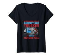 Donna Grumpy Old Trucker with Motorcycle Funny Trucking Driver Maglietta con Collo a V
