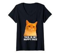 Donna Grumpy Orange Cat This is My Happy Face Funny Weird Cat Meme Maglietta con Collo a V