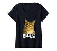 Donna Grumpy Tabby Cat This is My Happy Face Funny Weird Cat Meme Maglietta con Collo a V