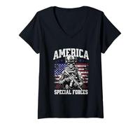Donna Grunge US Flag Army Skeleton Military Special Forces Maglietta con Collo a V