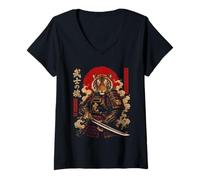 Donna Guerriero Tigre Samurai Arte Maglietta con Collo a V