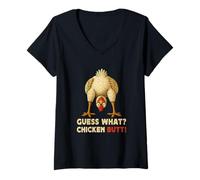 Donna Guess What Chicken Butt Meme Funny Chicken Farmer Maglietta con Collo a V