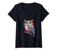 Donna Gufi Colorati Gufo Uccello Animale Natura Arte Creativa Maglietta con Collo a V