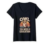 Donna Gufo di Cui Hai Bisogno è Istruzione Retro Owl Wisdom Maglietta con Collo a V