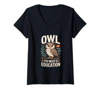Donna Gufo di Cui Hai Bisogno è Istruzione Retro Owl Wisdom Maglietta con Collo a V