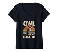 Donna Gufo di Cui Hai Bisogno è Istruzione Retro Owl Wisdom Maglietta con Collo a V