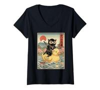 Donna Gufo Ninja Giappone Vintage Giapponese Ukiyo-e Art Maglietta con Collo a V