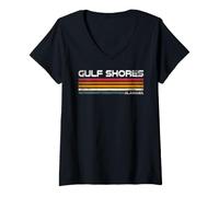 Donna Gulf Shores Alabama, Design costiero Vintage a Righe Maglietta con Collo a V