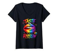 Donna Gusta Le Labbra Arcobaleno Colorate Maglietta con Collo a V