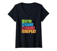 Donna Gym Game Anime Repeat - Divertente giocatore Otaku e umorismo fitness Maglietta con Collo a V