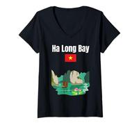 Donna Ha Long Bay souvenir Vietnam isole calcaree bandiera del Vietnam Maglietta con Collo a V