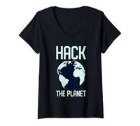Donna Hack The Planet - Blue Globe Design per Gli Hacker di Computer Maglietta con Collo a V