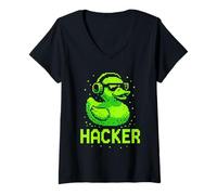 Donna Hacker Cyber Security Pixel Art Duck Programmatore di hacking Maglietta con Collo a V