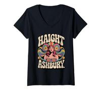 Donna Haight Ashbury 1967 Hippie Shirt Retro 60s Psichedelico Tee Maglietta con Collo a V