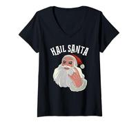 Donna Hail Santa Horn Sign Dondolo Babbo Natale Maglietta con Collo a V