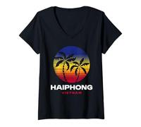 Donna Haiphong Vietnam Beach Palm Tree Retro Anni '80 Style Maglietta con Collo a V