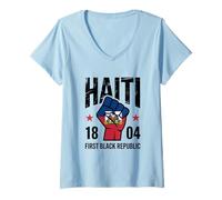 Donna Haiti Pugno Alzato Bandiera Empowerment Haiti Orgoglio Maglietta con Collo a V