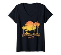 Donna Haleiwa Spiaggia Hawaii North Shore Surf Vintage Surfer Maglietta con Collo a V
