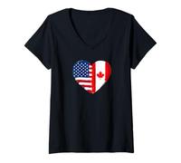 Donna Half American Half Canadian Heart Flag Dual Heritage Maglietta con Collo a V