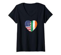 Donna Half American Half Irish Heart Flag Dual Heritage Maglietta con Collo a V