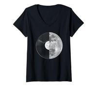 Donna Half Moon Vinyl Record Design - Music Lover Lunar Graphic Maglietta con Collo a V