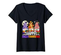 Donna HalloThanksMas Gnomes Halloween Thanksgiving Christmas Maglietta con Collo a V