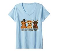 Donna Hallothanksmas Highland Cow Trio Halloween Thanksgiving Maglietta con Collo a V