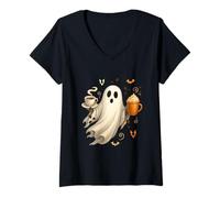 Donna Halloween Barista Ghost Spooky October Coffee Cafe Maglietta con Collo a V