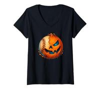 Donna Halloween Baseball Pumpkin Spooky Creepy Baseball Player Maglietta con Collo a V