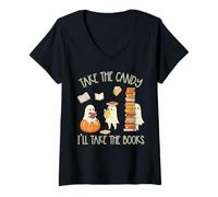 Donna Halloween Book Lover Ghost Take The Candy I'll Take Books Maglietta con Collo a V