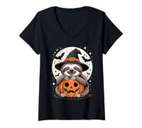 Donna Halloween Bradipo Cappello Strega Zucca Spooky Maglietta con Collo a V
