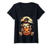 Donna Halloween Bradipo Cappello Strega Zucca Spooky Maglietta con Collo a V