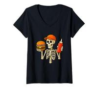 Donna Halloween Burger Skeleton Foodie Burger Cook Chef Maglietta con Collo a V