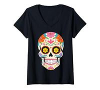 Donna Halloween Calavera Teschio di Zucchero Maglietta con Collo a V