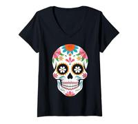 Donna Halloween Calavera Teschio di Zucchero Maglietta con Collo a V