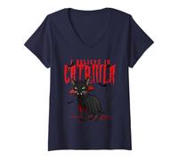 Donna Halloween Cat Tee Catriula Vampire Art per Amanti dei Maglietta con Collo a V