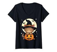 Donna Halloween Cat Witch Hat Zucca spettrale Maglietta con Collo a V