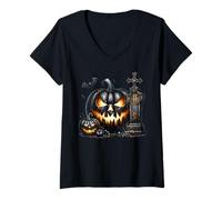 Donna Halloween Cemetery Decor for Spooky Season Black Pumpkin Maglietta con Collo a V