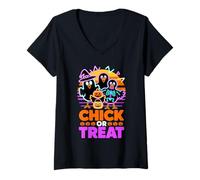 Donna Halloween Chick Or Treat Pollo Fantasma Maglietta con Collo a V