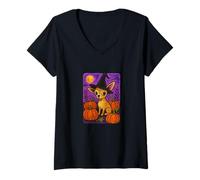 Donna Halloween Chihuahua Strega con zucche Autunno Magia Maglietta con Collo a V