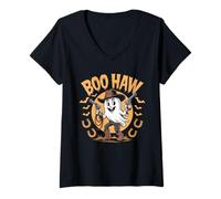 Donna Halloween Costume Boo Haw Witch Skeleton Scary Rodeo Western Maglietta con Collo a V