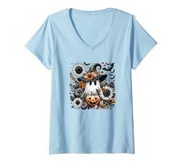 Donna Halloween Costume Zucca Fiore Scheletro Fantasma Strega Horror Maglietta con Collo a V